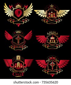 Collection of vector heraldic decorative coat of arms isolated on white and created using vintage design elements, monarch crowns, pentagonal stars, armory, wild animals.