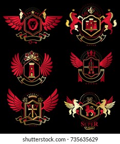 Collection of vector heraldic decorative coat of arms isolated on white and created using vintage design elements, monarch crowns, pentagonal stars, armory, wild animals.