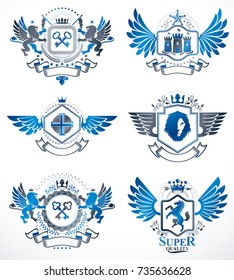 Collection of vector heraldic decorative coat of arms isolated on white and created using vintage design elements, monarch crowns, pentagonal stars, armory, wild animals.