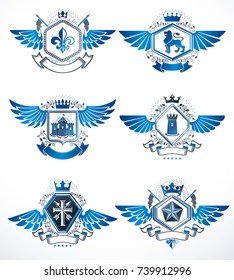 Collection of vector heraldic decorative coat of arms isolated on white and created using vintage design elements, monarch crowns, pentagonal stars, armory, wild animals.