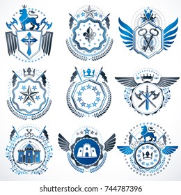 Collection of vector heraldic decorative coat of arms isolated on white and created using vintage design elements, monarch crowns, pentagonal stars, armory, wild animals.