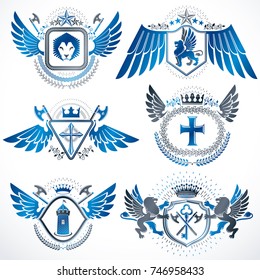 Collection of vector heraldic decorative coat of arms isolated on white and created using vintage design elements, monarch crowns, pentagonal stars, armory, wild animals.