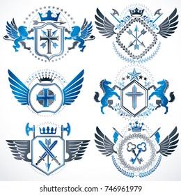 Collection of vector heraldic decorative coat of arms isolated on white and created using vintage design elements, monarch crowns, pentagonal stars, armory, wild animals.