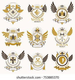 Collection of vector heraldic decorative coat of arms isolated on white and created using vintage design elements, monarch crowns, pentagonal stars, armory, wild animals.