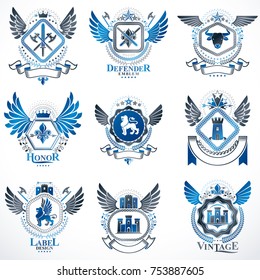 Collection of vector heraldic decorative coat of arms isolated on white and created using vintage design elements, monarch crowns, pentagonal stars, armory, wild animals.