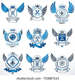 Collection of vector heraldic decorative coat of arms isolated on white and created using vintage design elements, monarch crowns, pentagonal stars, armory, wild animals.