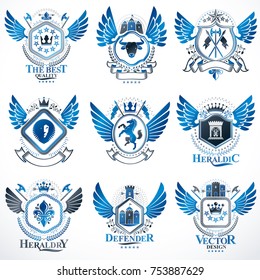 Collection of vector heraldic decorative coat of arms isolated on white and created using vintage design elements, monarch crowns, pentagonal stars, armory, wild animals.