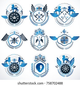 Collection of vector heraldic decorative coat of arms isolated on white and created using vintage design elements, monarch crowns, pentagonal stars, armory, wild animals.