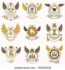 Collection of vector heraldic decorative coat of arms isolated on white and created using vintage design elements, monarch crowns, pentagonal stars, armory, wild animals.