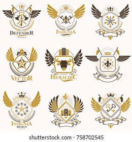 Collection of vector heraldic decorative coat of arms isolated on white and created using vintage design elements, monarch crowns, pentagonal stars, armory, wild animals.