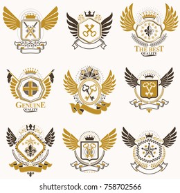 Collection of vector heraldic decorative coat of arms isolated on white and created using vintage design elements, monarch crowns, pentagonal stars, armory, wild animals.