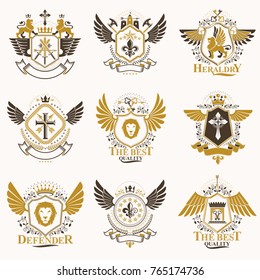 Collection of vector heraldic decorative coat of arms isolated on white and created using vintage design elements, monarch crowns, pentagonal stars, armory, wild animals.