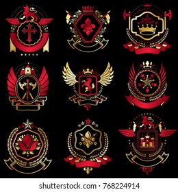 Collection of vector heraldic decorative coat of arms isolated on white and created using vintage design elements, monarch crowns, pentagonal stars, armory, wild animals.