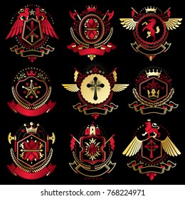 Collection of vector heraldic decorative coat of arms isolated on white and created using vintage design elements, monarch crowns, pentagonal stars, armory, wild animals.