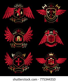 Collection of vector heraldic decorative coat of arms isolated on white and created using vintage design elements, monarch crowns, pentagonal stars, armory, wild animals.