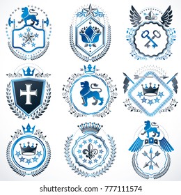 Collection of vector heraldic decorative coat of arms isolated on white and created using vintage design elements, monarch crowns, pentagonal stars, armory, wild animals.