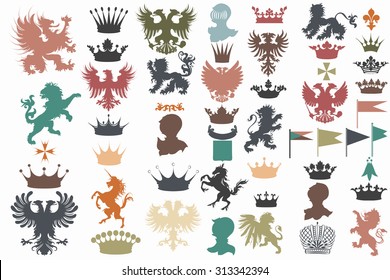 Collection of vector heraldic shapes lions, eagles, unicorns, griffins, crowns, fleur de lis perfect for heraldic projects