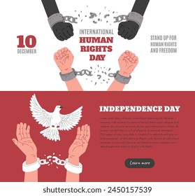 Una colección de afiches Horizontales de Vector para el Día Internacional de los Derechos Humanos, con una paloma de la paz y las manos apretadas a los puños rompiendo esposas, encarnando el concepto de libertad