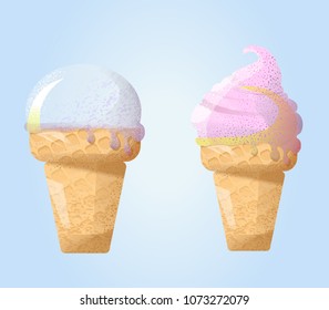 Collection vector ice cream illustrations isolated Set of cartoon icons. Ice cream scoops and waffle cone. Ice cream icons of frozen creamy desserts, gelato ice cream, wafer cone.