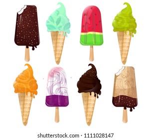 Collection vector ice cream illustrations isolated Set of cartoon icons. Ice cream scoops and waffle cone.Caramel eskimo or chocolate glaze sundae with nuts.Ice-cream and fruit ice.