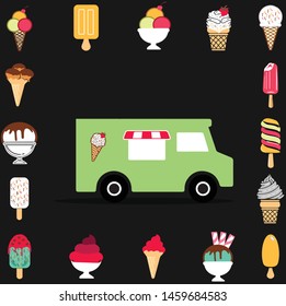 Collection of vector ice cream illustrations drawn by hand isolated on background with car