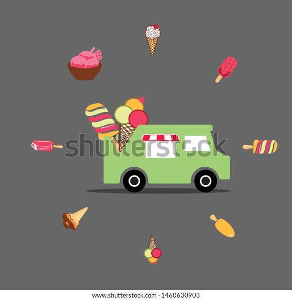 Collection of vector ice cream\
illustrations drawn by hand isolated on background with\
car