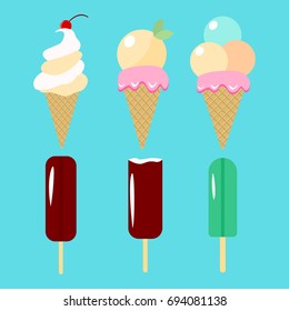 Collection of vector ice cream on blue background. Waffle cone, fruit ice.