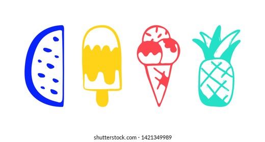 Collection of vector ice cream watermelon and pineapple illustrations drawn by hand isolated on background.