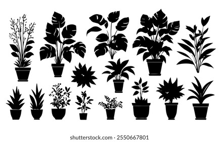 Coleção de ícone de vetor ilustração vasos plantas para o interior. Isolado no fundo branco. Esses arquivos vetoriais podem ser facilmente inseridos e redimensionados para atender às suas necessidades de design.