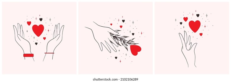 Collection of vector icons with abstract female hands and red hearts isolated on light pink background. Elegant design for Valentines Day concept, cosmetic and beauty products, logos or emblems