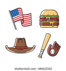 Collection of vector icons. American symbols made as linear illustrations