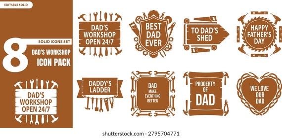 A collection of vector icons and badges celebrating Father’s Day and workshop themes, presented in a distinctive silhouette style.
