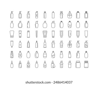 Collection vector icons of beauty, cosmetics and care. Bottle, jar, shower gel, face cream, body lotion, spray, ointment, paste.
