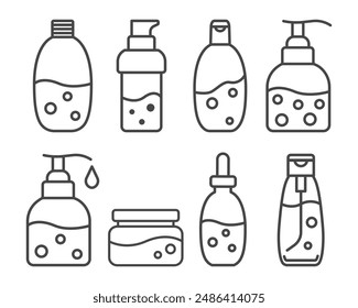 Collection vector icons of beauty, cosmetics and care. Bottle, jar, shower gel, face cream, body lotion, spray, ointment, paste.