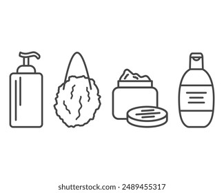 Collection vector icons of beauty, cosmetics and care. Bottle, jar, shower gel, face cream, body lotion, spray, ointment, paste.