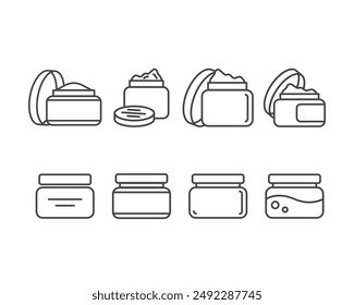 Collection vector icons of beauty, cosmetics and care. Bottle, jar, shower gel, face cream, body lotion, spray, ointment, paste.