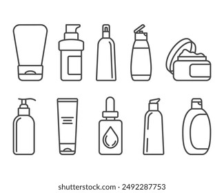 Iconos vectoriales de colección, cosmética y cuidado. Botella, frasco, gel de ducha, crema facial, loción corporal, spray, ungüento, pasta.