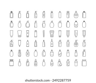 Collection vector icons of beauty, cosmetics and care. Bottle, jar, shower gel, face cream, body lotion, spray, ointment, paste.