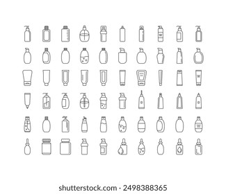 Collection vector icons of beauty, cosmetics and care. Bottle, jar, shower gel, face cream, body lotion, spray, ointment, paste.
