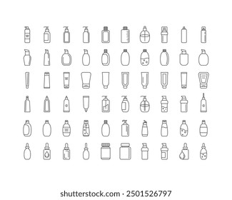 Collection vector icons of beauty, cosmetics and care. Bottle, jar, shower gel, face cream, body lotion, spray, ointment, paste.