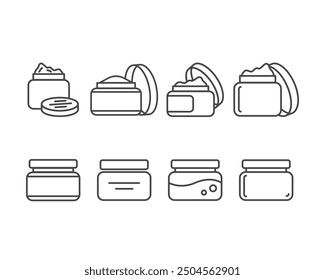Collection vector icons of beauty, cosmetics and care. Bottle, jar, shower gel, face cream, body lotion, spray, ointment, paste.