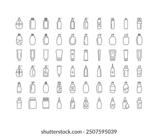 Collection vector icons of beauty, cosmetics and care. Bottle, jar, shower gel, face cream, body lotion, spray, ointment, paste.