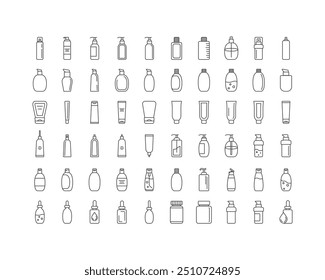 Collection vector icons of beauty, cosmetics and care. Bottle, jar, shower gel, face cream, body lotion, spray, ointment, paste.