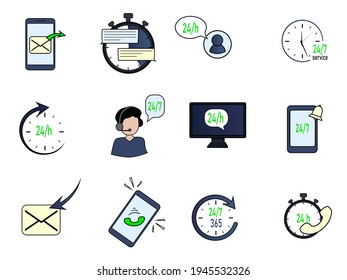 Collection of vector icons. Call center, technical support, 24-hour service. 24-hour assistance, call back. Receiving services through an online application.	
