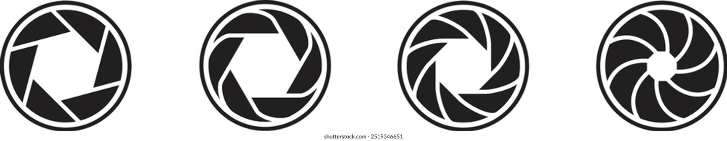 Collection of vector icons of camera lens diaphragm symbols. Vector black camera shutter. Isolated camera objective sign. Photo focus icon collection. Vector illustration