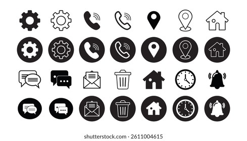 Collection of Vector Icons for Communication, Location, and Settings vector on white background.	