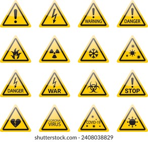 Collection of vector icons conveying warnings and alerts – symbols of caution, attention, and safety in yellow triangles.