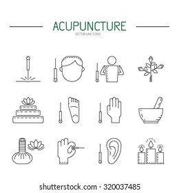 Collection of vector icons dedicated to traditional Chinese medicine, acupuncture. a method of stimulation of certain points on the body with needles. Alternative medicine