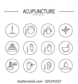 Collection of vector icons dedicated to traditional Chinese medicine, acupuncture. a method of stimulation of certain points on the body with needles. Alternative medicine