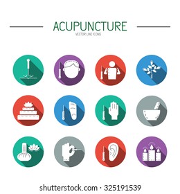 Collection of vector icons dedicated to traditional Chinese medicine, acupuncture. a method of stimulation of certain points on the body with needles. Alternative medicine